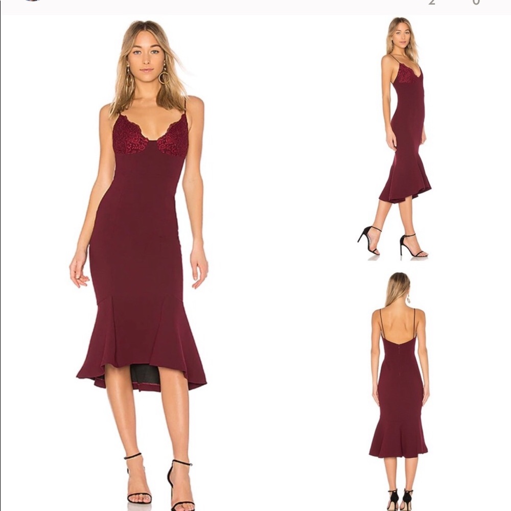 Nicholas | Burgundy Tuck Hem Lace MIDI Dress 0
